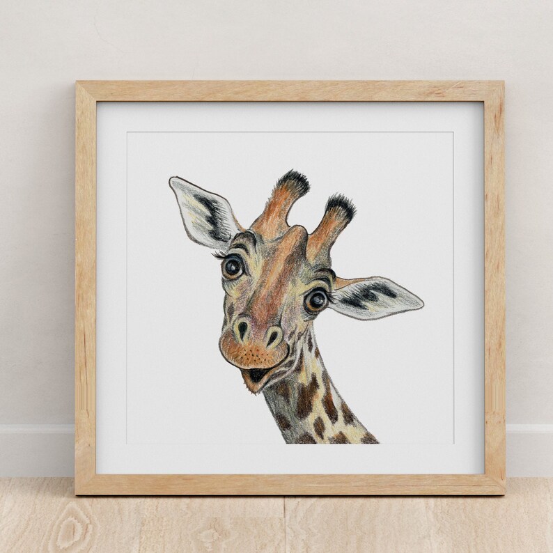 Funny Giraffe painting / Colored pencil art print / Giraffe nursery decor / Baby room pictures image 1