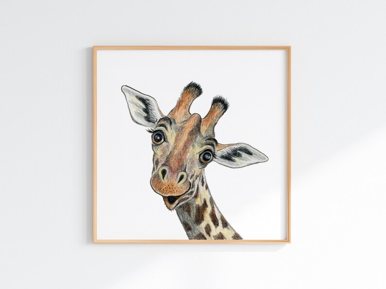Funny Giraffe painting / Colored pencil art print / Giraffe nursery decor / Baby room pictures image 2