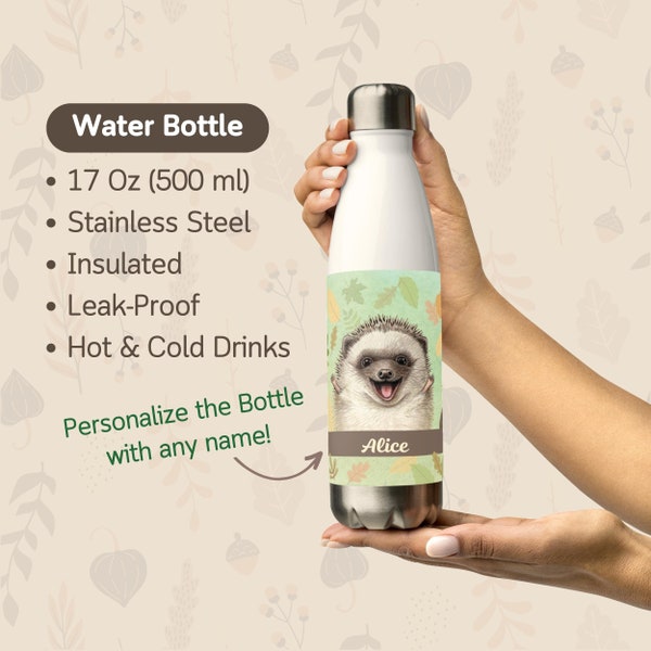 Personalized Kids Water Bottle, Hedgehog gifts, Stainless steel water bottle, Insulated water bottle, Personalized thermos