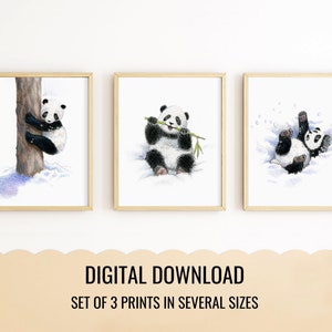 Printable Panda wall art for nursery / Set of 3 colored pencil art prints / Panda gifts