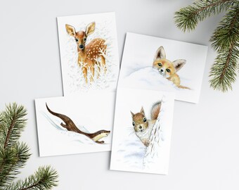 4 PRINTABLE cards for instant download / 5x7 and A6 cards / Winter Fox drawing, Otter print, Squirrel print, Deer illustration