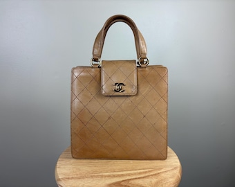 Authentic Chanel Vintage Matelasse Brown Lambskin Double Stitch Top Handle Bag w/ COA