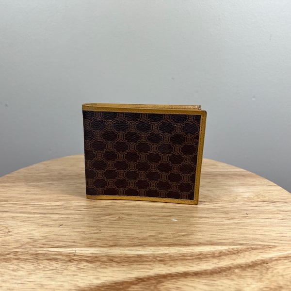 Authentic Celine Macadam Compact Wallet with Canvas Brown and Yellow