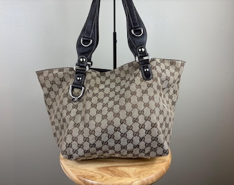 Authentic Gucci GG Cloth and Brown Leather Shoulder Tote
