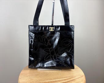 Authentic Chanel Vintage Patent Leather Camellia Magnetic Tote Bag w/ COA