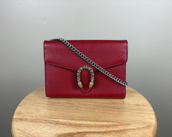 Authentic Gucci Calfskin Mini Dionysus Chain Wallet Red