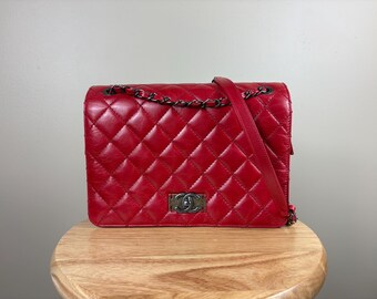 Authentic Chanel Matelasse Red Calfskin Leather Cocomark Shoulder Bag w/ COA