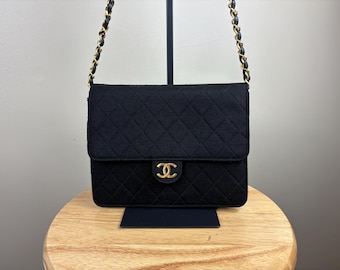 Authentic Chanel Vintage Quilted Diamond Jersey Single Flap Black Shoulder Bag w/ Gold Hardware