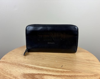 Authentic Fendi Logo Long Zippy Wallet Black Leather
