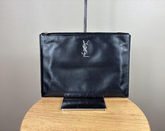 Authentic Saint Laurent YSL Black Leather Clutch w/ Silver Hardware