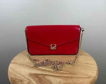 Authentic Fendi Vitello Cruise Red Patent Leather Wallet on Chain