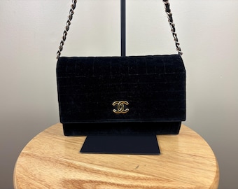 Authentic Chanel Vintage Mademoiselle Velvet Stripe Black Shoulder Bag