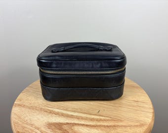 Authentic Chanel Vintage Quilted CC Black Leather Cosmetic Pouch