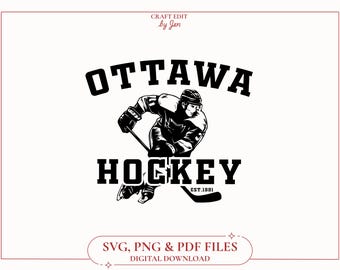 May include: Black and white Ottawa Hockey graphic featuring a hockey player in action, with the word "OTTAWA" above and "HOCKEY" below. The text "EST.1991" is near the hockey stick. The image is a digital download in SVG, PNG, and PDF formats.