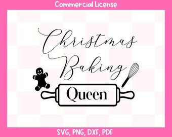 Peut inclure: Design noir et blanc avec un bonhomme en pain d'épices, un rouleau à pâtisserie avec le texte "Queen" et un fouet. Le texte "Christmas Baking" est écrit en cursive au-dessus du rouleau à pâtisserie.