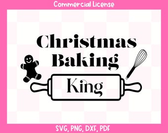 Peut inclure: Design noir et blanc avec un bonhomme en pain d'épices, un rouleau à pâtisserie avec le texte "Christmas Baking King" et un fouet.