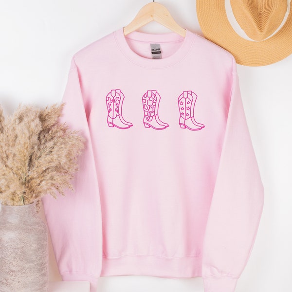 Cowboystiefel, Kuh Print, Star Boot Sweatshirt, Boho Cowgirl Sweatshirt, Western Chic Damen Sweatshirt, Geschenk für Frauen, rosa Stiefel