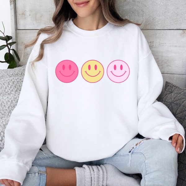 Happy Face Hot Pink, Geel, Roze Smiley Face Sweatshirt, Kerstcadeau voor meisjes, Pullover Crewneck Pink Christmas Smiley Face Sweatshirt