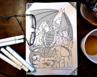 Può includere: Una pagina da colorare in bianco e nero con un'illustrazione dettagliata di un drago con le parole "MARVELOUS" e "BESTIEN".