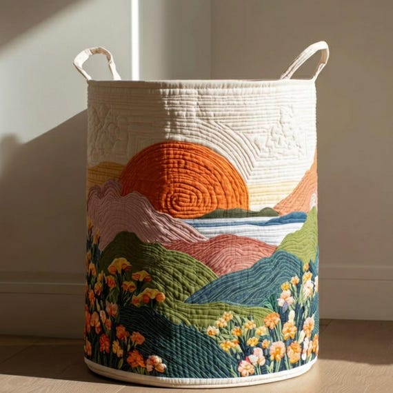 Daybreak Dreams Quilted Laundry Basket, Foldable Fabric Hamper, Soft Pastel Storage Bin, Cozy Home Decor