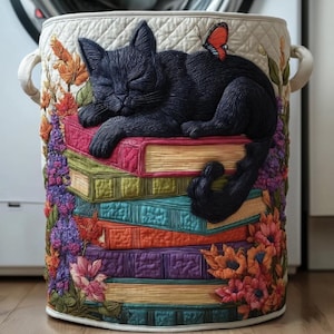Cat Sleeping on Book Stack Hamper, Purrfect Pages Quilted Laundry Basket, Cute Literary Home Decor, Best Hampers For Families