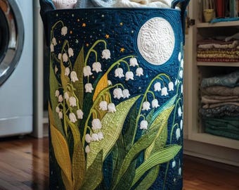 Liljekonvalj quiltad tvättkorg, hopfällbar tvättkorg i blommigt tyg, förvaringslåda i naturlig heminredning, present till henne