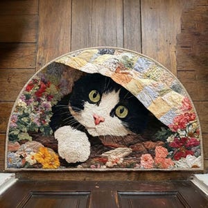 Könnte beinhalten: Eine halbkreisförmige Fußmatte mit einem detaillierten Stickbild einer schwarz-weißen Katze, die unter einem Patchwork-Quilt hervorlugt. Die Matte ist von bunten, gestickten Blumen umgeben und schafft einen einladenden Eingang.