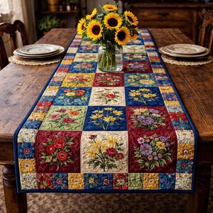Lantlig blommig lapptäcke quiltad bordslöpare, påskbordslöpare, vårbordslöpare