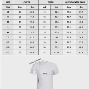 May include: White Gildan 6400 unisex t-shirt with a size chart. The chart shows measurements in inches and centimeters for length, width, and sleeve center back, ranging from XS to 5XL. The t-shirt is shown with labeled dimensions.