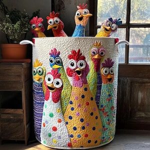 May include: A large, quilted storage basket with a chicken design. The basket is white with colourful chicken appliqués in red, yellow, blue, and green. The chickens have large eyes and are peeking over the top. The basket has white handles and is suitable for storage.