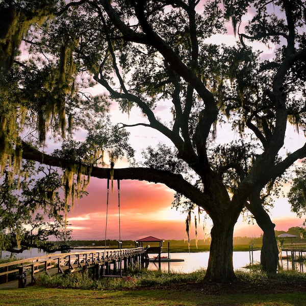 Lowcountry Sunset, Live Oaks, Beaufort, Marsh, South Carolina, Spanish Moss, The South, Sunsets, Printable Wall Art, Photography Print