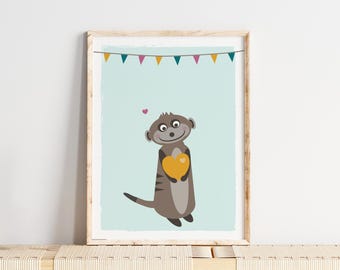 Meerkat poster with heart, animal illustration for children's room