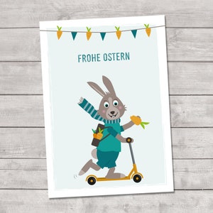 Osterkarte "Frohe Ostern" mit Hase auf Roller - Ostergruß, A6 Osterhase