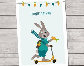 Easter card "Happy Easter" with a rabbit on a scooter - Easter greeting, A6 Easter bunny