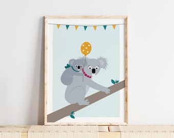 Cute koala poster for a child's room, koala mother with baby on her back