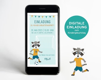 Digitale Einladung mit Fußball Waschbär Karte Kindergeburtstag eCard