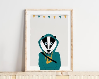 Cool badger poster for children's rooms, woodland animal wall decoration for kids