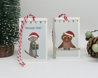 Étiquettes cadeaux papier recyclé Noël Mix&Match suricate pingouin hibou