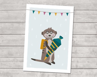 Postcard Meerkat with school cone – card for school enrollment, invitation card, A6 for children of the Meerkat class