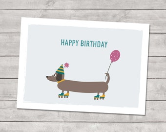 Dachshund Birthday Card – Funny A6 postcard with dog, balloon, and roller skates | Happy Birthday card for dog fans