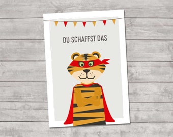 Postcard "You can do it" Tiger, encouraging card for ninja children and superheroes – for school enrollment – ready for new adventures