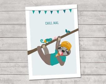 Postcard sloth “chill out” with chameleon, greeting card for friends to relax and enjoy ice cream