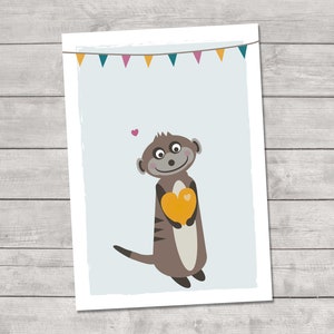 Carte postale suricate avec coeur "Je t'aime" - carte de voeux pour la fête des mères, la fête des pères, la Saint-Valentin, la rentrée scolaire