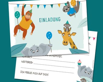 Jungle-themed birthday invitation set of 8 plus stickers