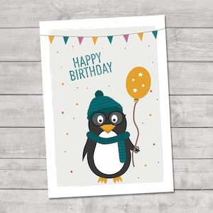 Cartão Postal Pinguim "Feliz Aniversário" - Cartão de Aniversário A6, Pinguim com Balão