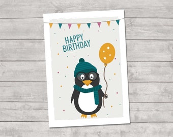 Penguin Postcard "Happy Birthday" - Birthday Card A6, Penguin with Balloon