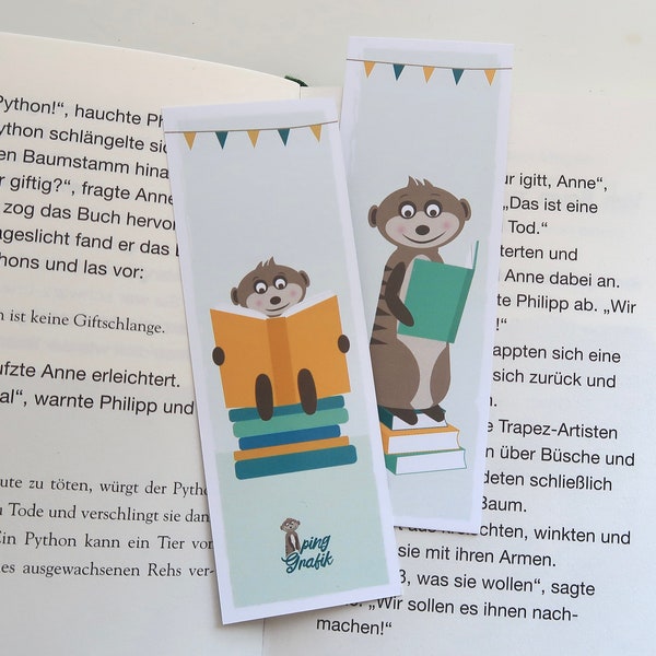 Lesezeichen „Erdmännchen“ ideal für Kinder als Geschenk zu Kindergeburtstag, zur Einschulung für die Schultüte, Bookmark mit süßem Tiermotiv