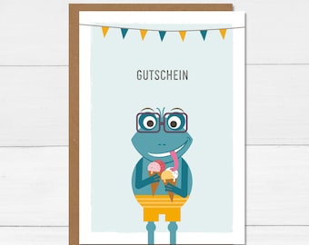 Folding card "Voucher" frog with ice cream - with envelope - DIY voucher