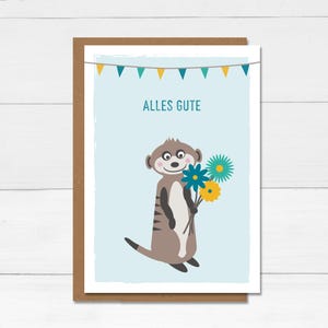 Carte pliante suricate avec fleurs « Joyeux anniversaire », carte de vœux A6 avec enveloppe