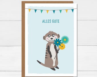 Folding card meerkat with flowers "Happy Birthday", greeting card A6 with envelope